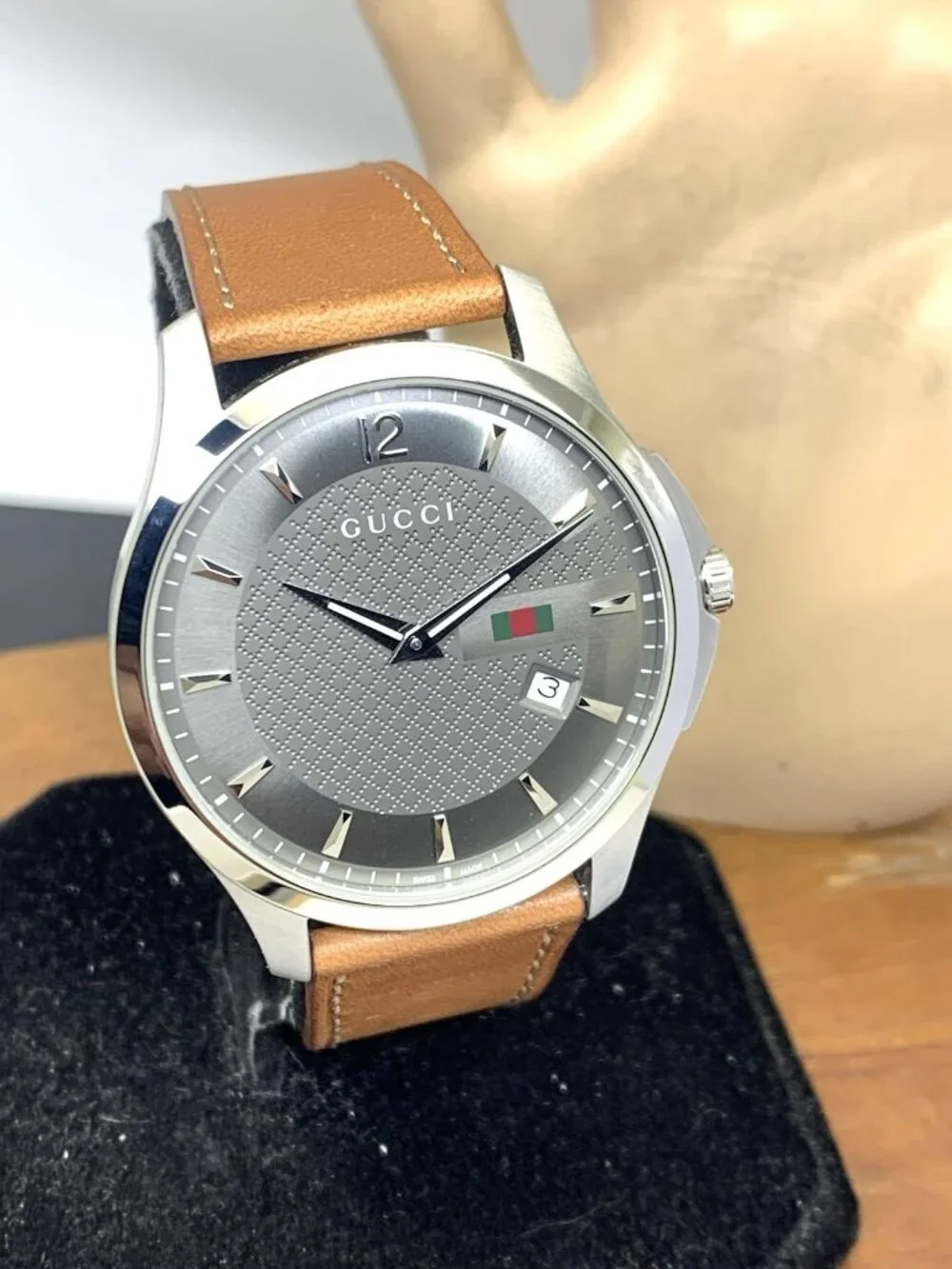 Gucci Men's Watch YA126302 G-Timeless Swiss Quartz Gray Dial Brown Leather 40mm